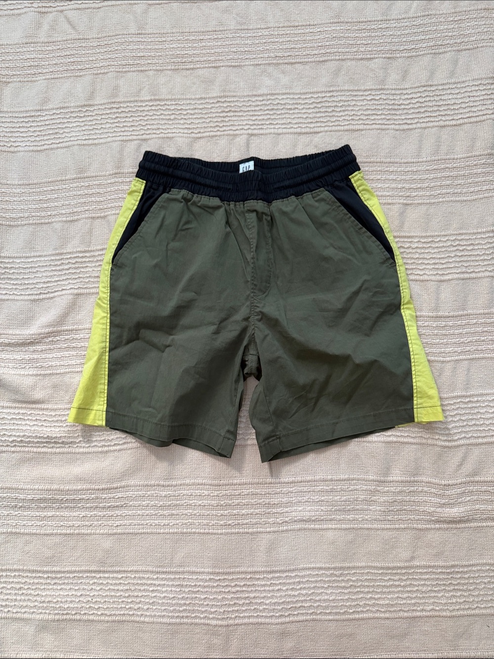 Boys Olive Green Elastic-Waist Shorts with Lime Side Panels